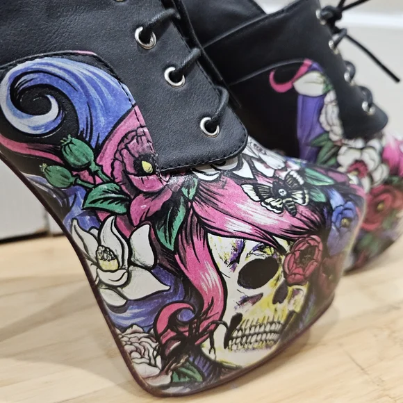 RARE IRON FIST Black Punk Goth Skull Floral Platform Lace Up High Heel Shoes 9 - Picture 13 of 14